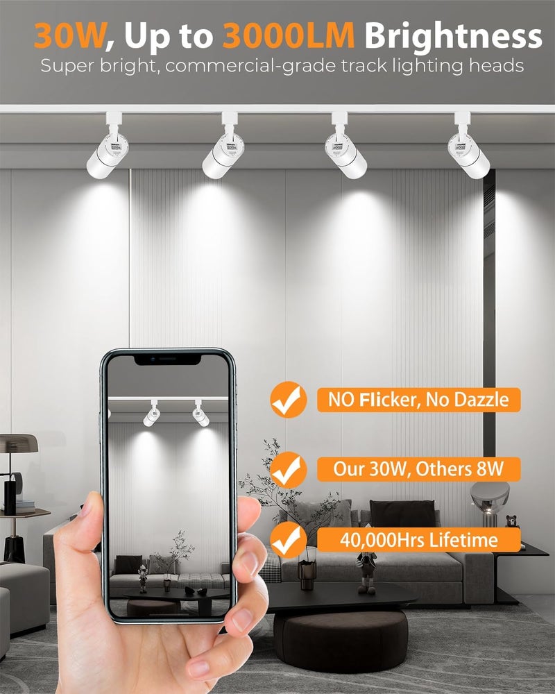 VANoopee 3-Color Zoomable 30W LED Track Lighting Heads H Type Track Light Heads Dimmable Bright Ceiling Spotlight Fixtures for Shop, 3000K 4000K 5000K Adjustable, CRI90+ 15°-60° 3000lm White 4 Pack - Image 5